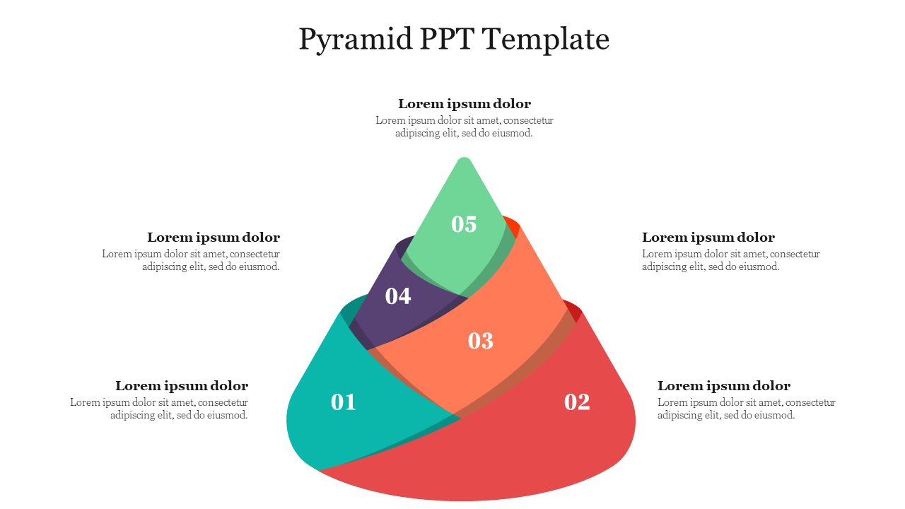 Pyramid diagram with five colored sections, labeled 01 through 05, with placeholder text areas beside each.