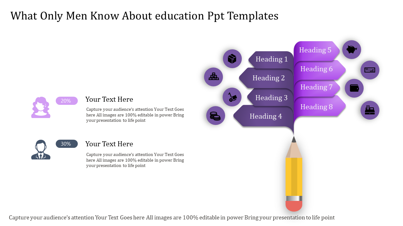 Educational template showing a pencil with eight topics listed as headings, with descriptive icons next to each.