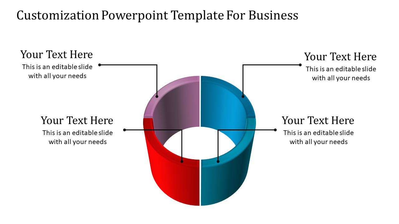 Business PowerPoint ideas slide design featuring a colorful 3D ring with spaces for adding content.