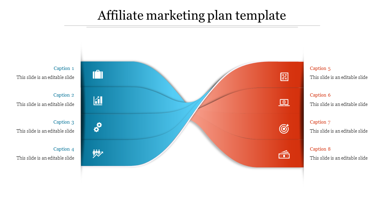 Affiliate marketing plan slide featuring a dual colored, wavy design with icons and captions.