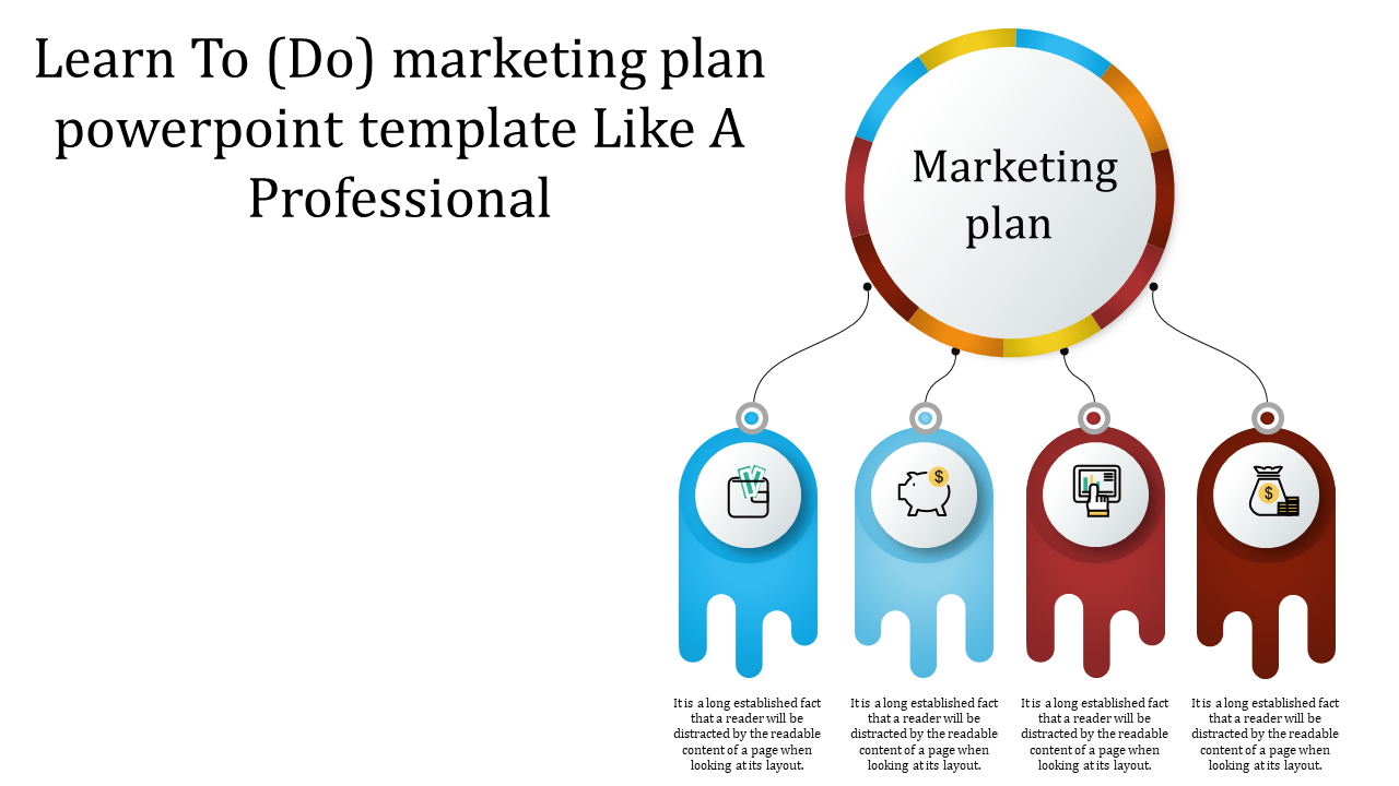 Colorful marketing plan template featuring a central circle connected to four labeled icons with descriptive text below.