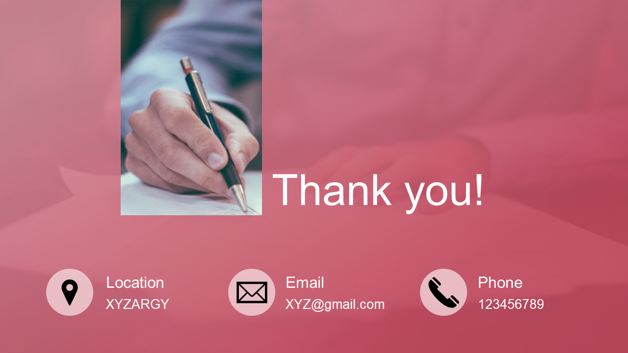 Thank you slide with a pink background, featuring a photo of a hand writing with a pen, and contact details below.