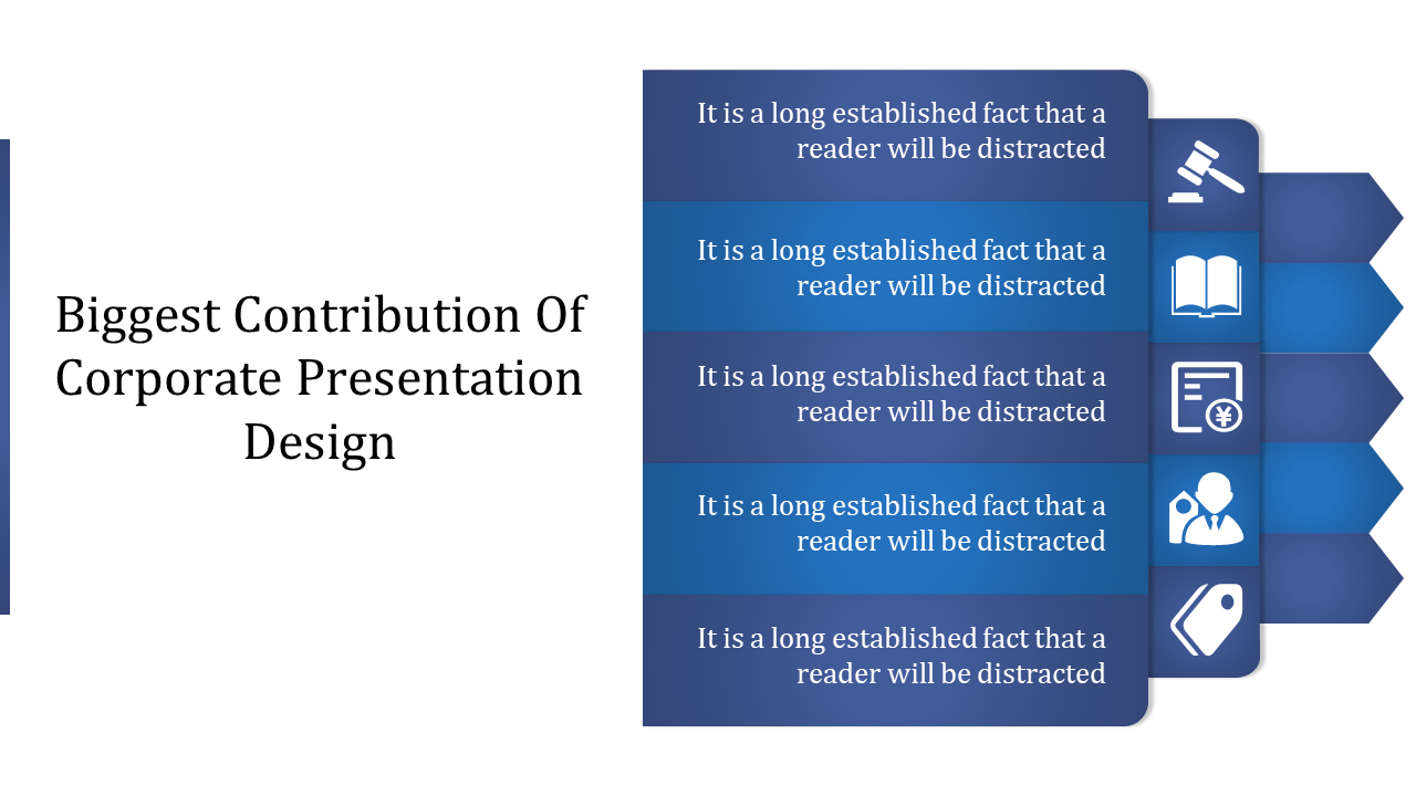 Corporate presentation slide with a vertical list of blue gradient panels and icons on the right side.