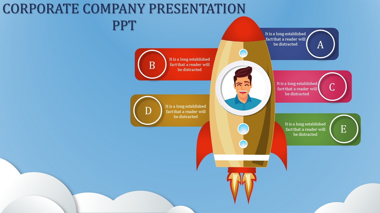 Corporate presentation slide with a rocket ship launching and colorful circular captions on a blue theme.