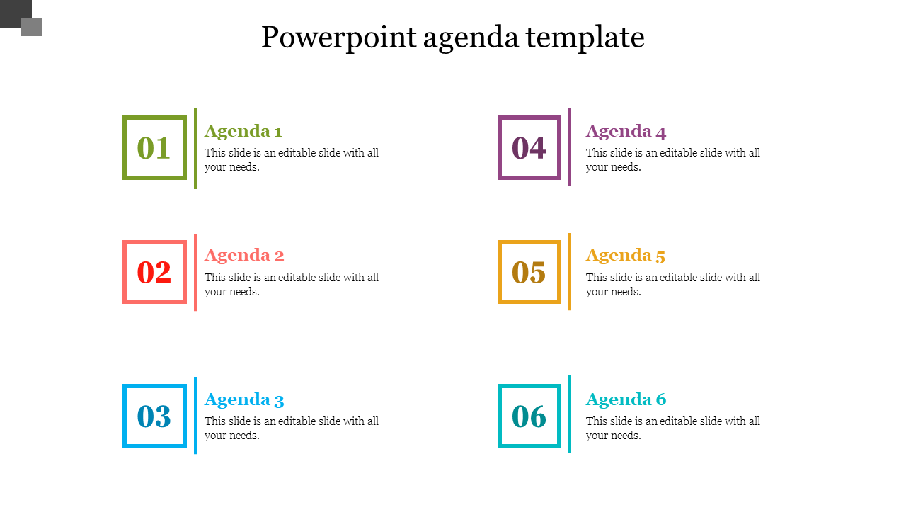 Structured agenda template with six sections, each with unique numbers and caption areas placed in a white background.