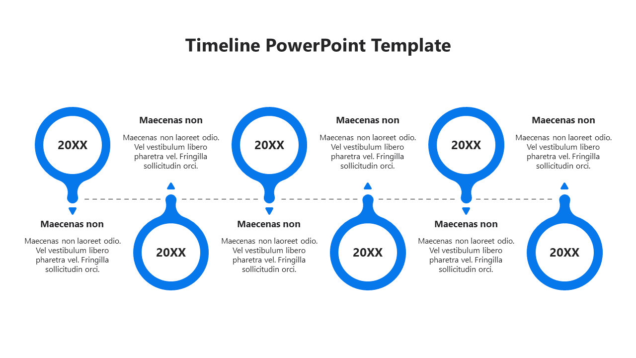 A timeline PowerPoint template with blue circular milestones connected by arrows, showing years and brief descriptions.