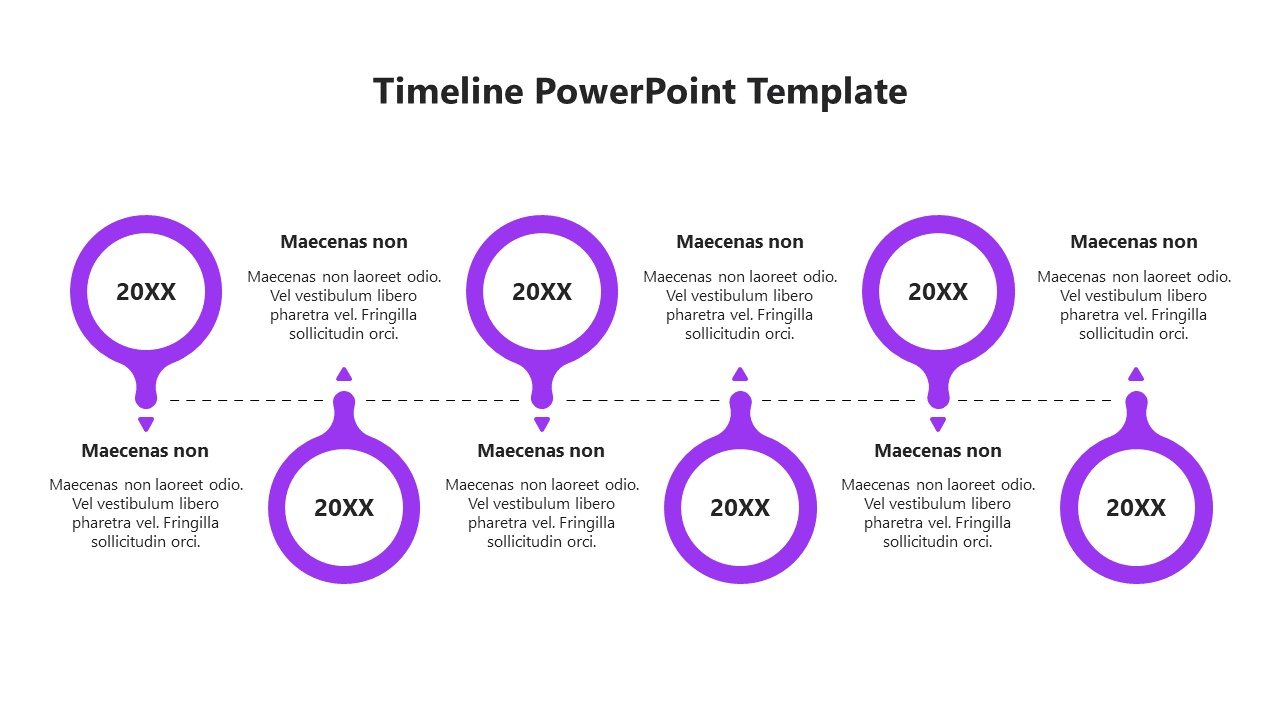 Horizontal timeline with six purple circular markers, connected by a dotted line, each representing different stages.