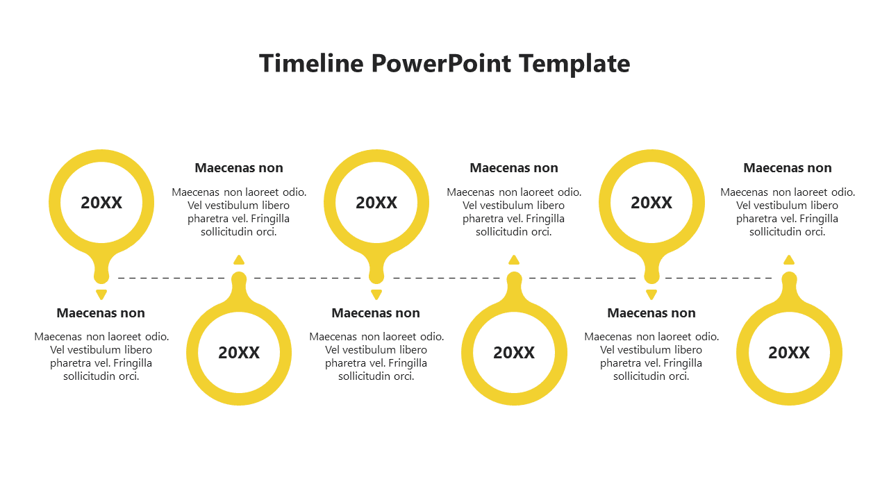 Horizontal timeline template with six yellow circular markers and dashed connectors on a white background.