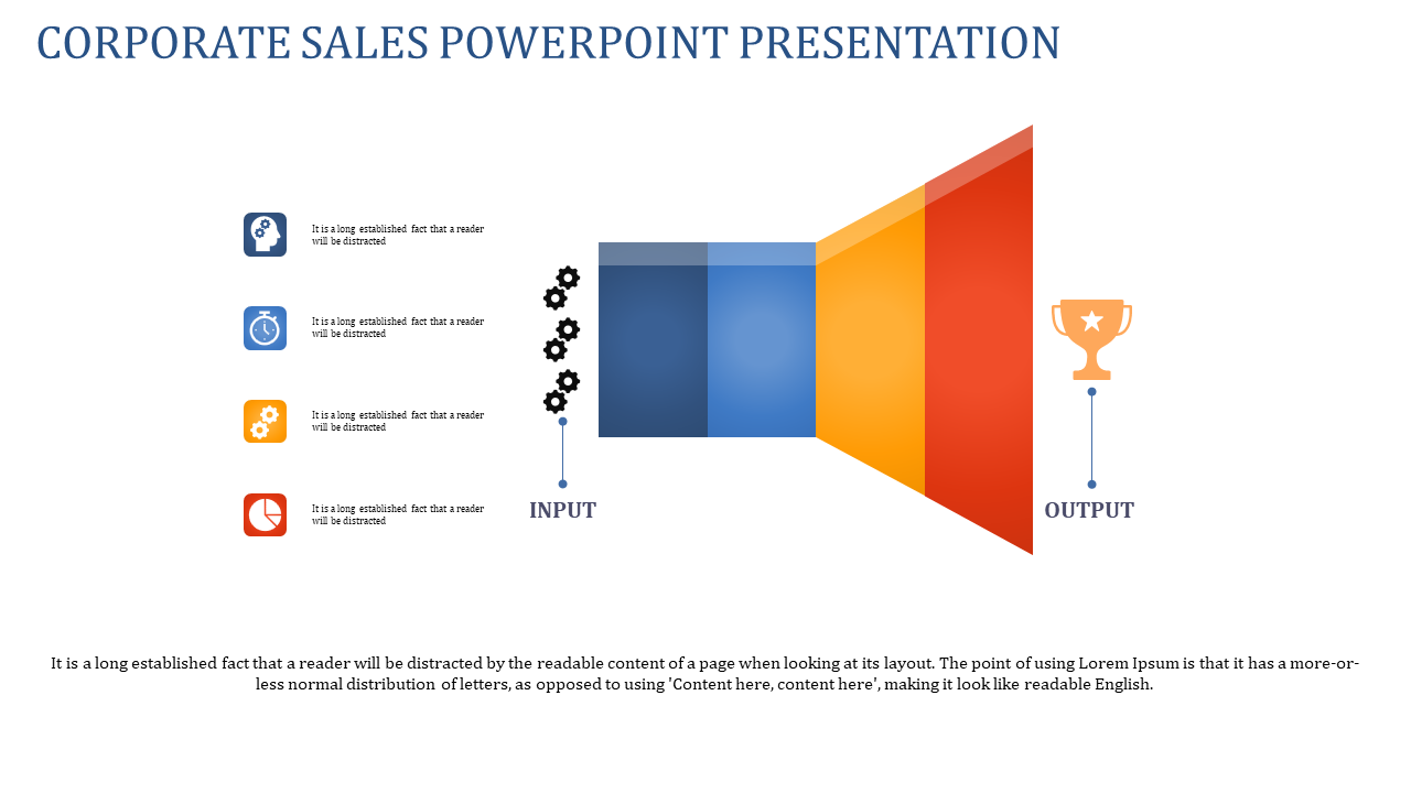 Corporate sales PowerPoint template with input and output sections, represented by icons and a colorful funnel diagram.