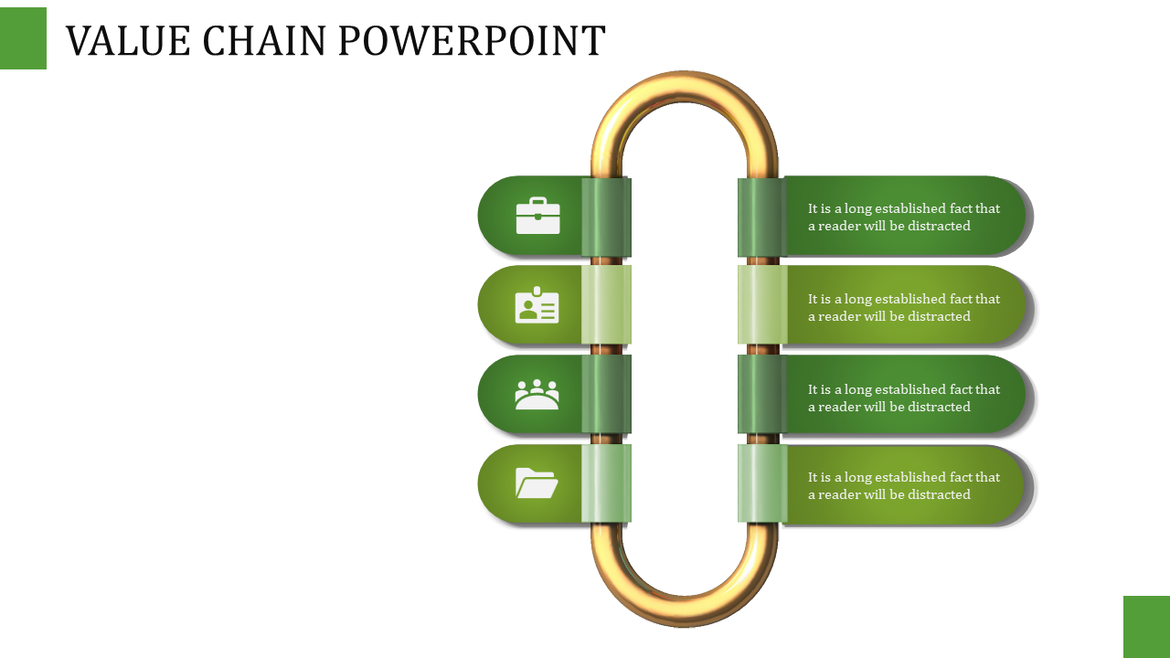 Value chain infographic featuring a golden chain loop with four green segments, each displaying icons.