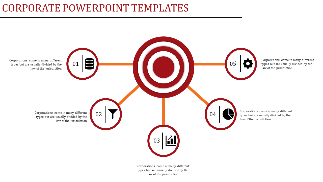 Corporate PowerPoint template with five sections connected to a central target, each with different icons.