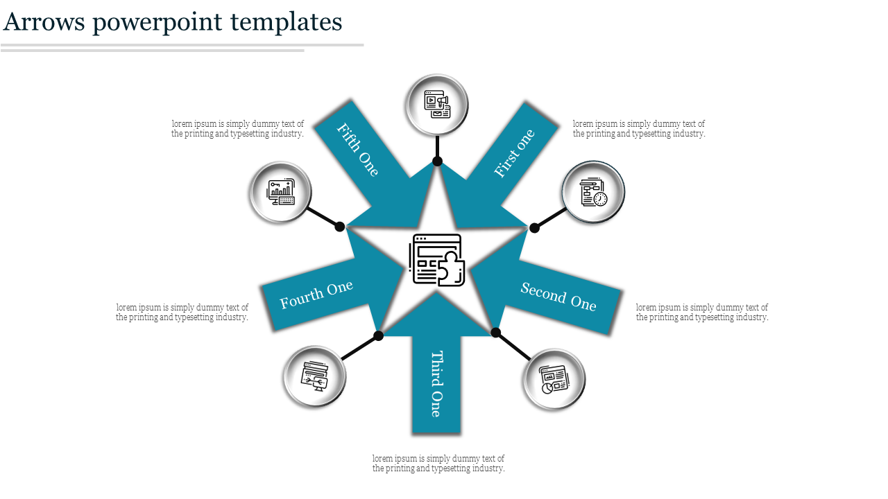 Arrow themed PowerPoint template with six directional arrows connected to icons and labeled sections for data visualization.