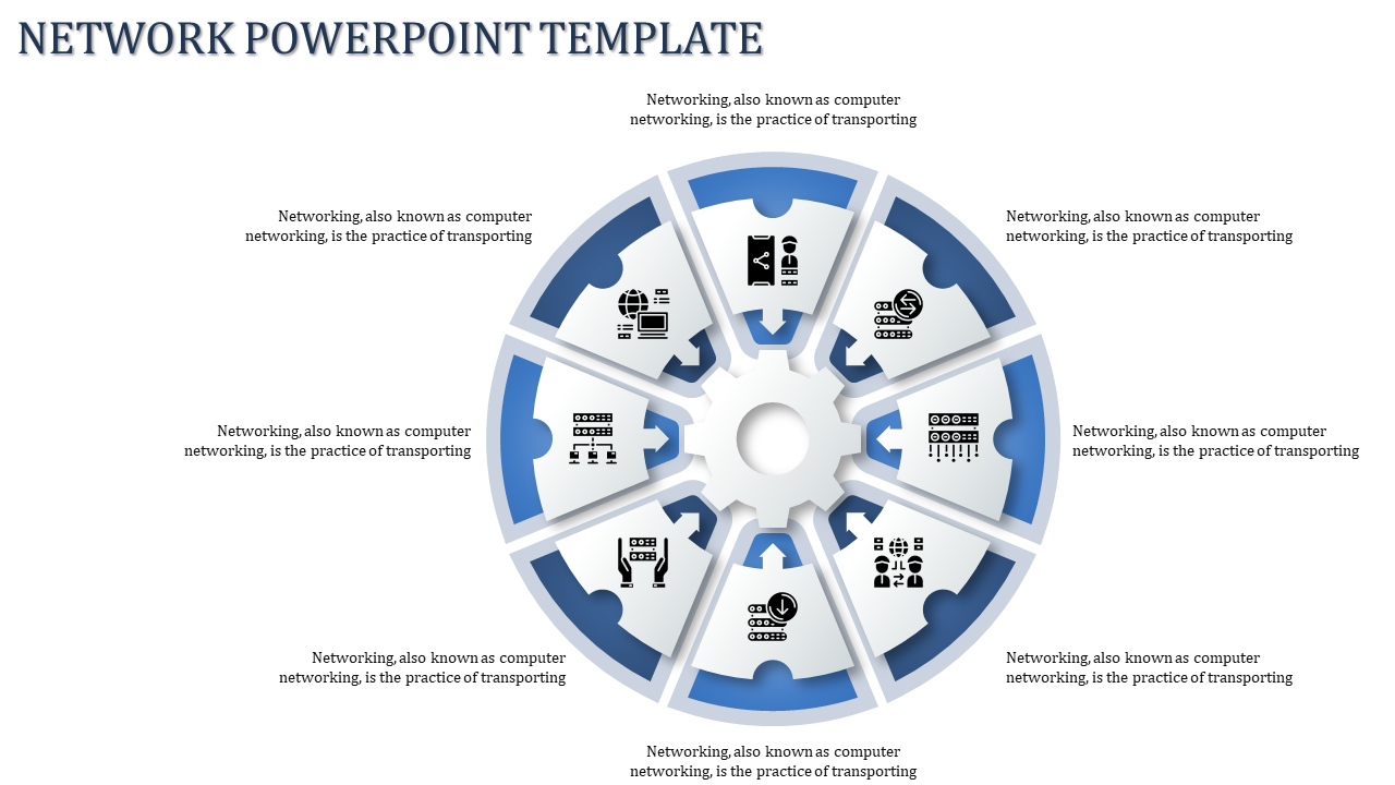 Circular diagram with eight segments featuring network-related icons, surrounded by descriptive text on a blue gradient.