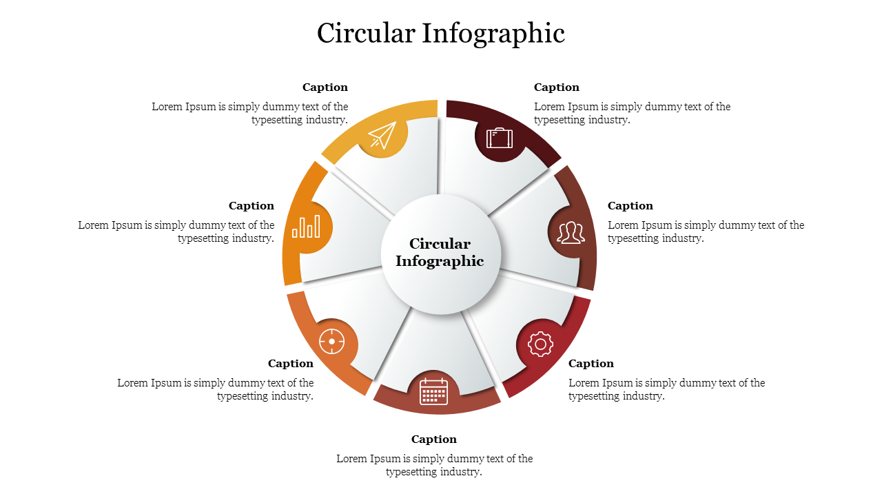 Colorful circular infographic template with sections for captions and icons representing various topics.