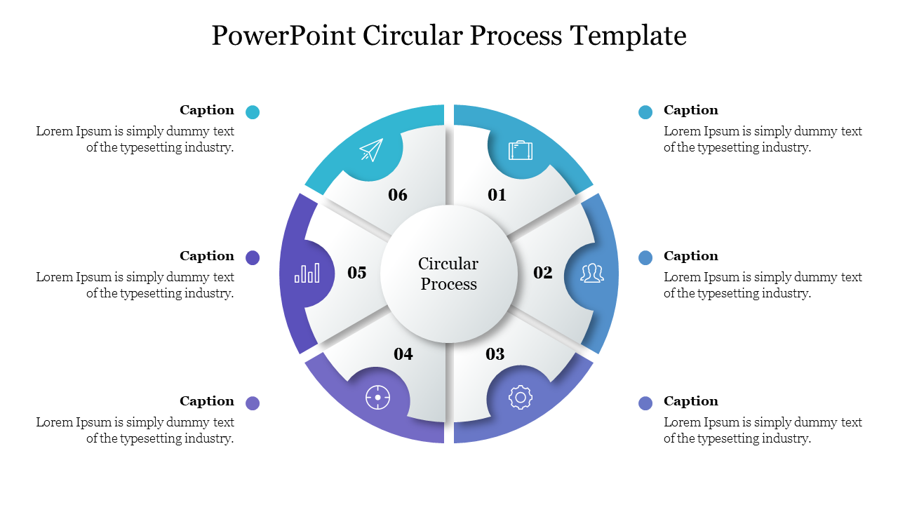 Circular diagram with six sections in blue and teal, showing different icons, labeled 01 to 06, representing a process flow.