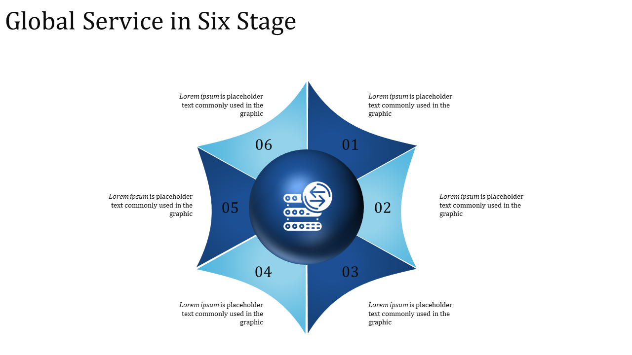 Blue star shaped infographic with six numbered sections around a central circular icon, labeled with placeholder text.