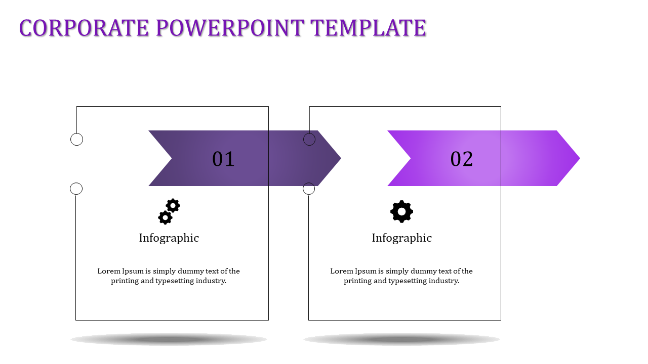 Two step diagram featuring purple gradient arrows pointing to text and icons inside outlined rectangular boxes.