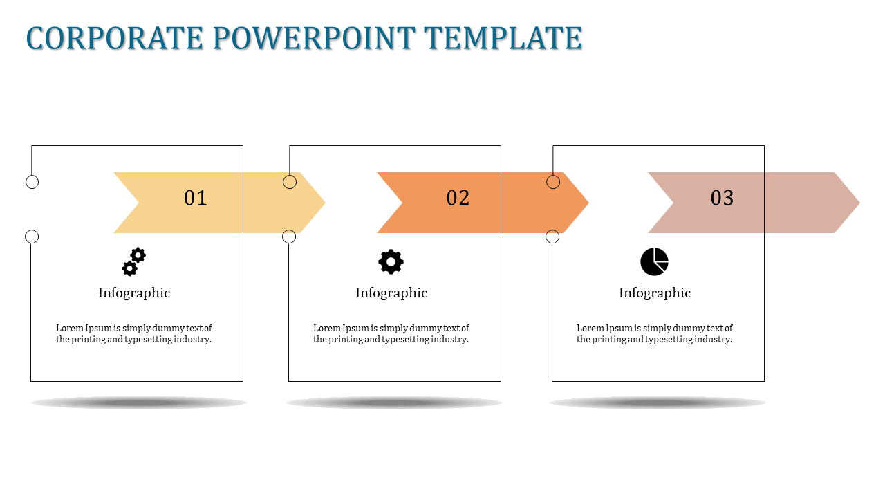 Corporate template with three sequential blocks, each containing a numbered arrow, and infographic icons.