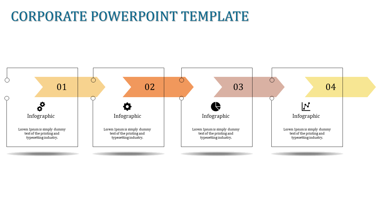 Corporate PowerPoint template featuring four infographic sections with arrows connecting each step with placeholder text.