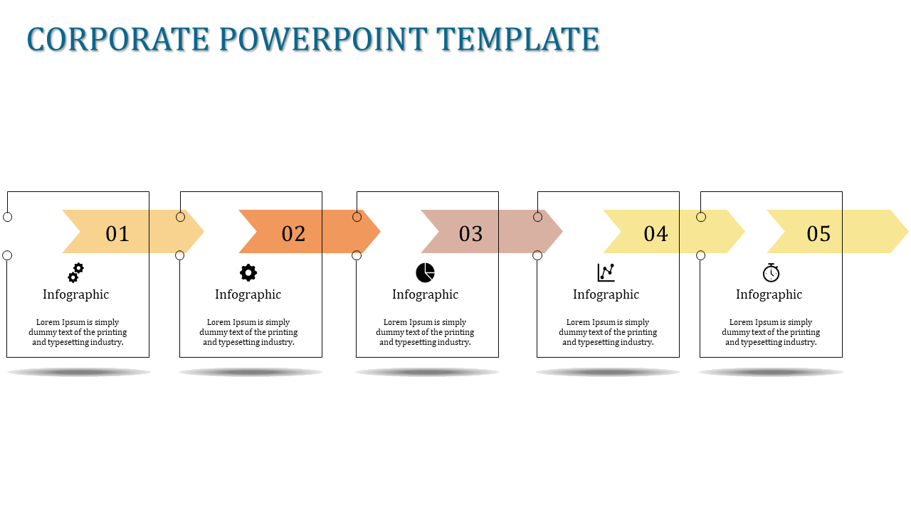 Corporate PowerPoint template with five infographic sections each numbered 01 to 05, with arrows and icons.