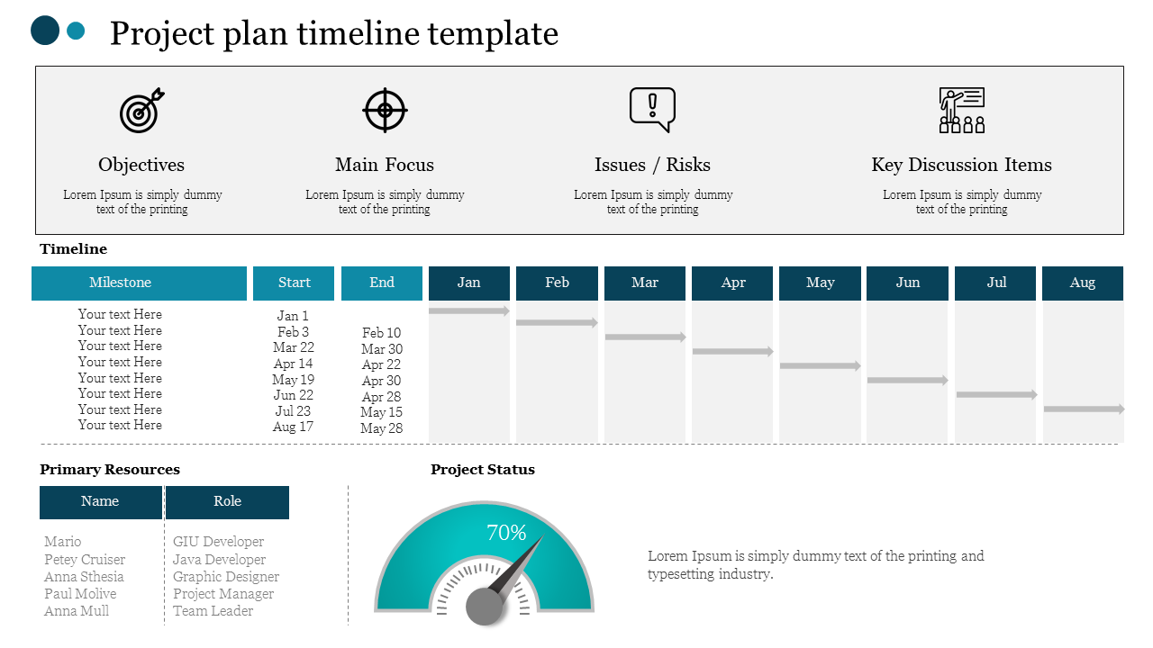 Slide with a rectangular layout with icons, featuring a timeline and circular progress gauge, accented in teal and gray.