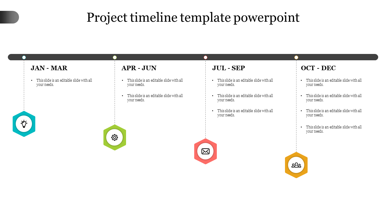 Project timeline slide is divided into four quarters, with milestones for each quarter and placeholders for text with icons.