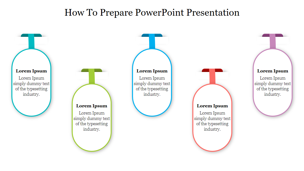 PowerPoint design with five steps on how to prepare a presentation, each with different color sections with placeholder text.