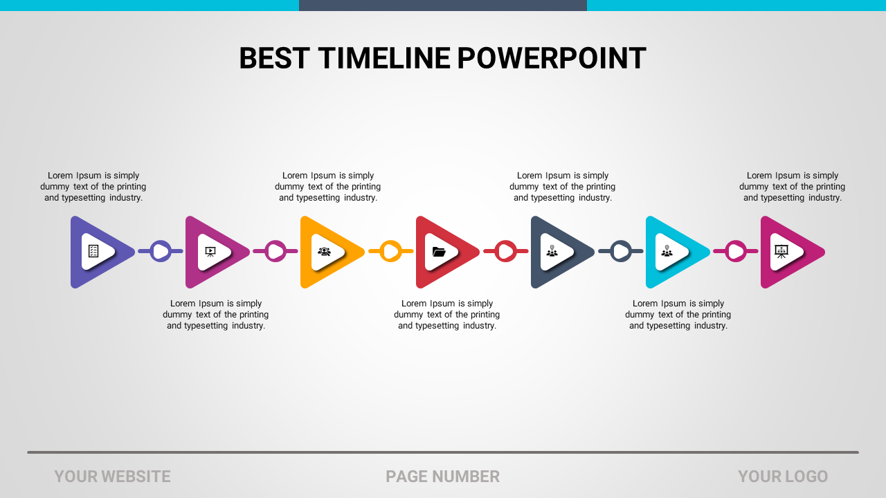 Timeline graphic showing five linked segments in yellow, orange, blue, green, and purple with placeholder text areas.