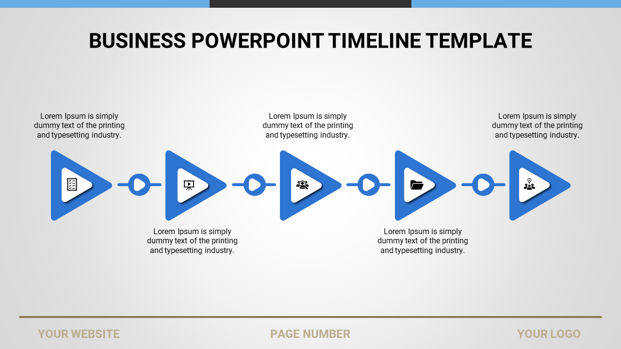 Timeline PPT template with blue triangle icons representing document, presentation, team, and file management in a sequence.