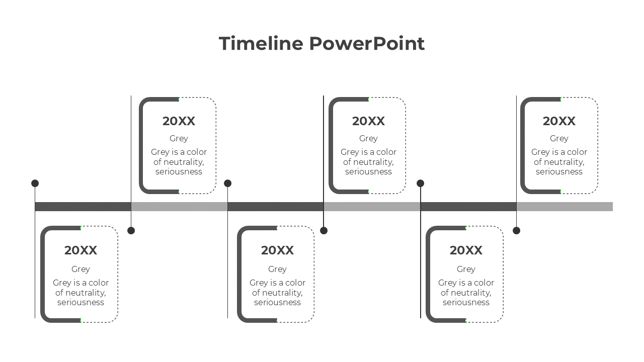 Timeline design slide showing sequential gray boxes for each year, with a neutral and serious color description.