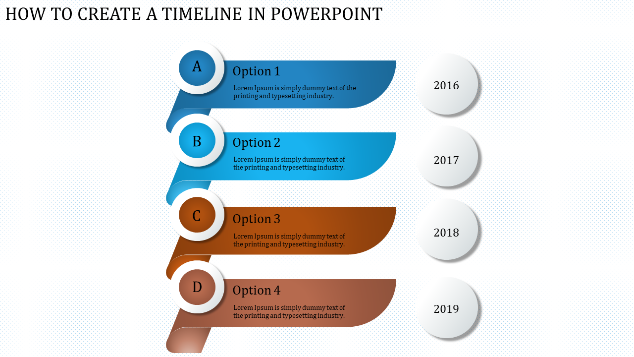 Vertical timeline with four horizontal steps in blue and brown, labeled A to D, connected to years 2016 to 2019 on the right.