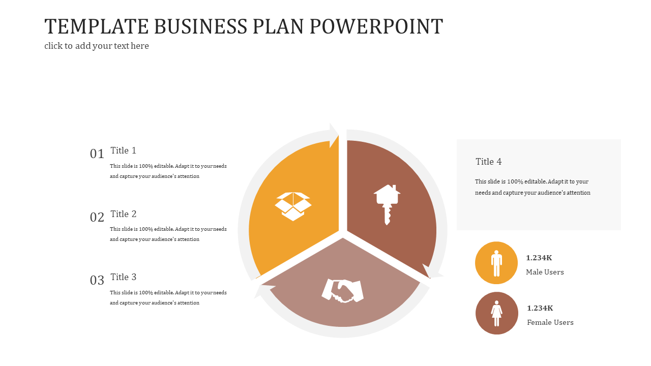 Business plan slide displaying a pie chart with four sections, including icons and placeholders for titles and caption areas.