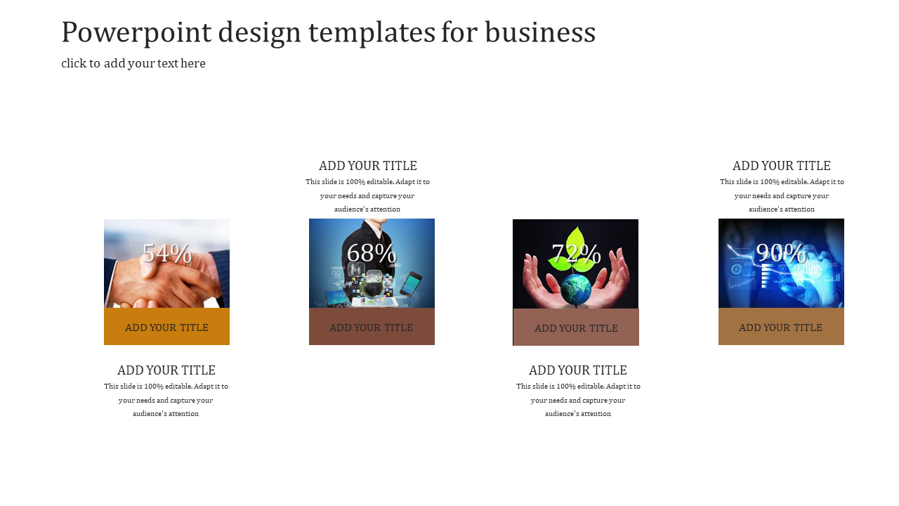 Business layout with four image based sections, percentage overlays, and title placeholders on a white background.