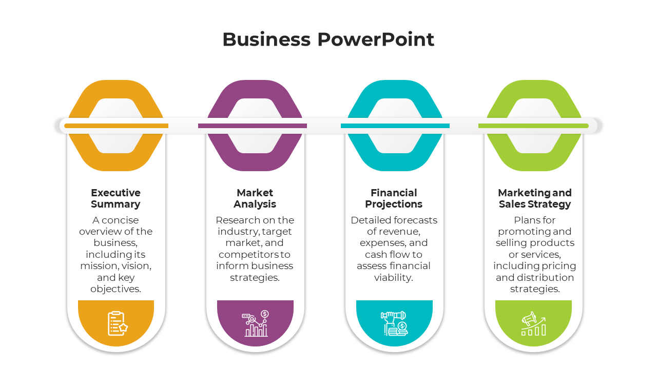 Infographic with four rounded vertical cards in yellow, purple, blue, and green, showcasing business elements.