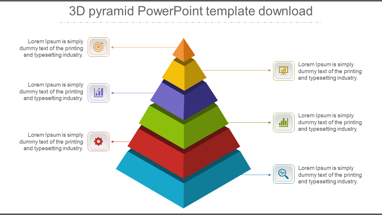 A 3D pyramid with five levels with each having a different color, an icon, and placeholder text.