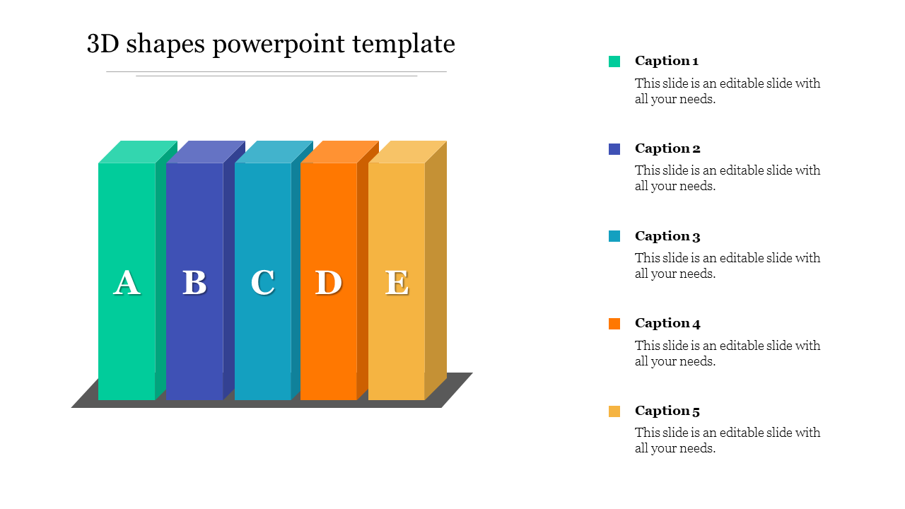 3D rectangular bars labeled A to E in green, blue, teal, orange, and yellow, with matching captions on the right.