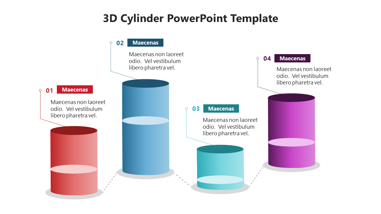 Four 3D cylinders in red, blue, teal, and purple with labeled sections 01 to 04 and descriptive text for each segment.