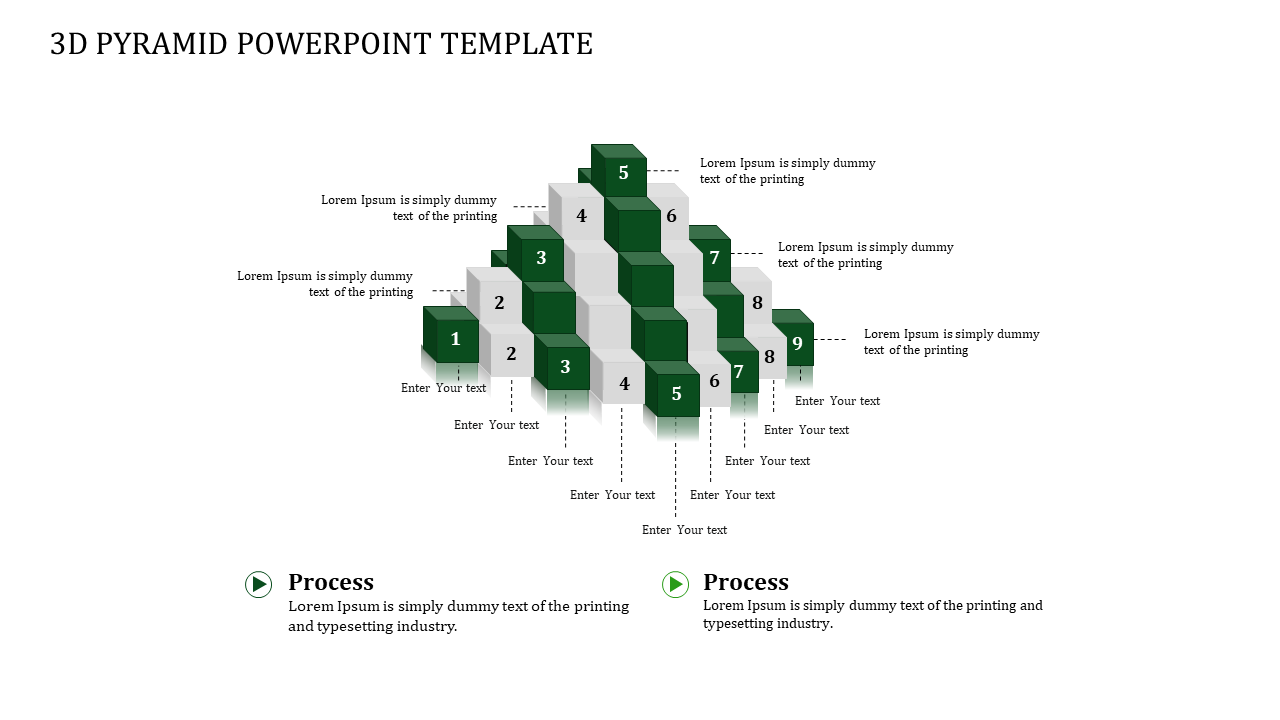 3D pyramid structure in green and gray blocks numbered from 1 to 9, with text placeholders on each side.