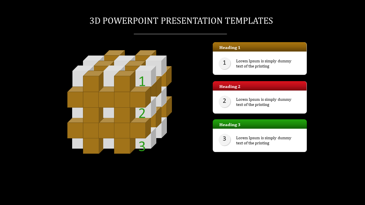 3D cube grid with brown and white blocks, numbered 1 to 3, linked to labeled text boxes in gold, red, and green.