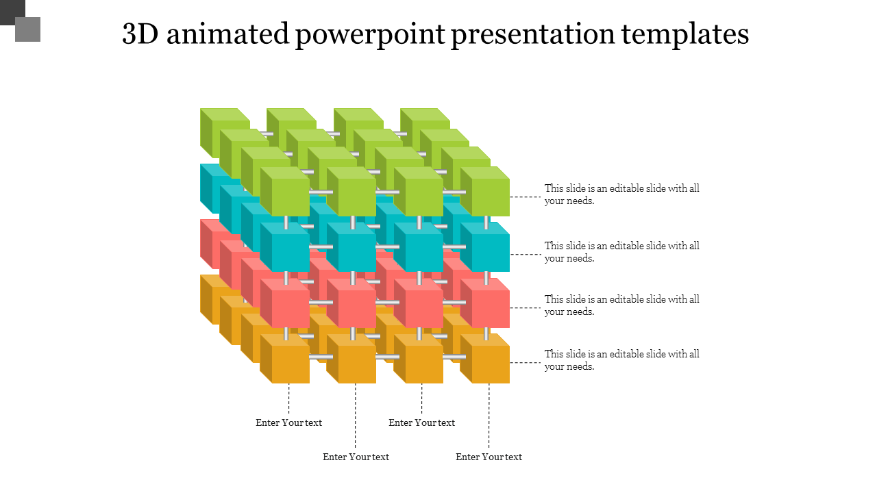 3D grid of colorful cubes in green, blue, red, and yellow arranged in multiple layers, with placeholders for text.