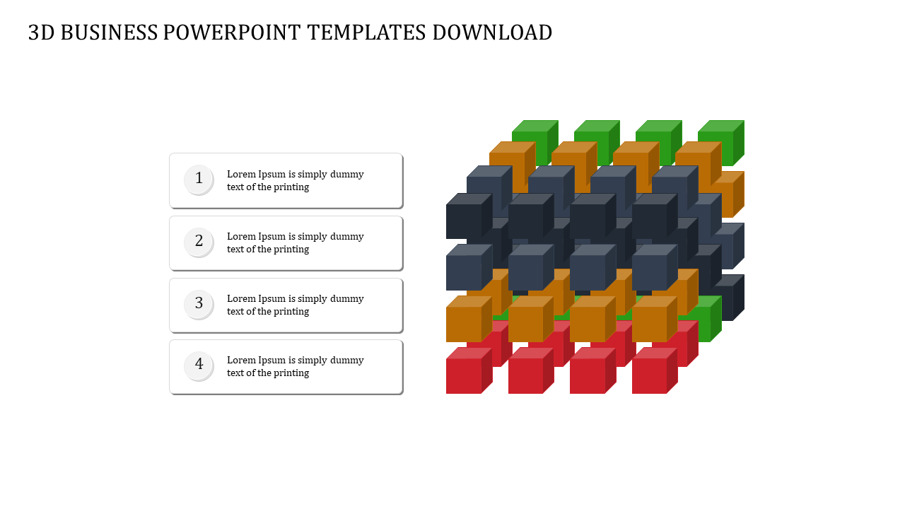 3D business PowerPoint template featuring a colorful block structure with numbered text sections for description.