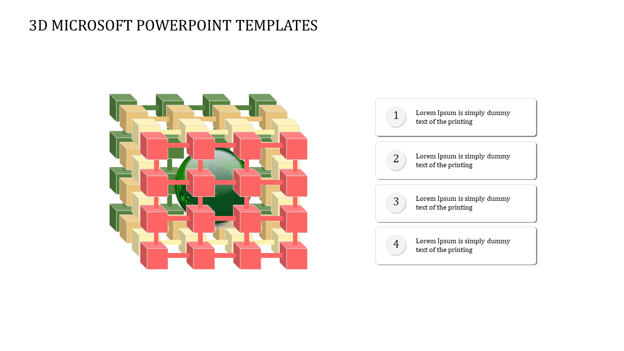 3D cube framework with red, green, and beige blocks surrounding a globe, paired with four numbered text boxes.