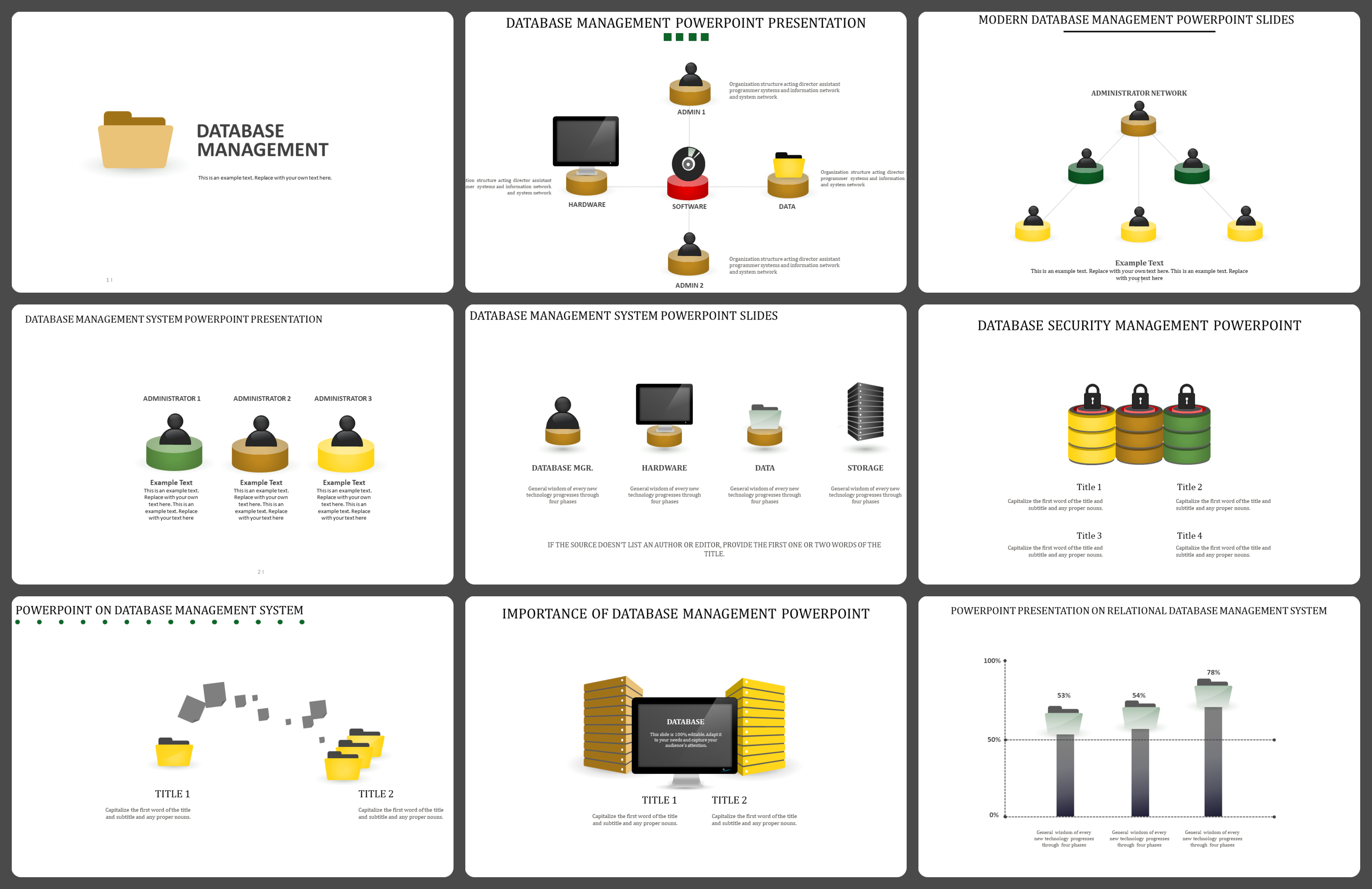 Slide deck featuring database management topics like hardware, software, data, and security with various icons and diagrams.