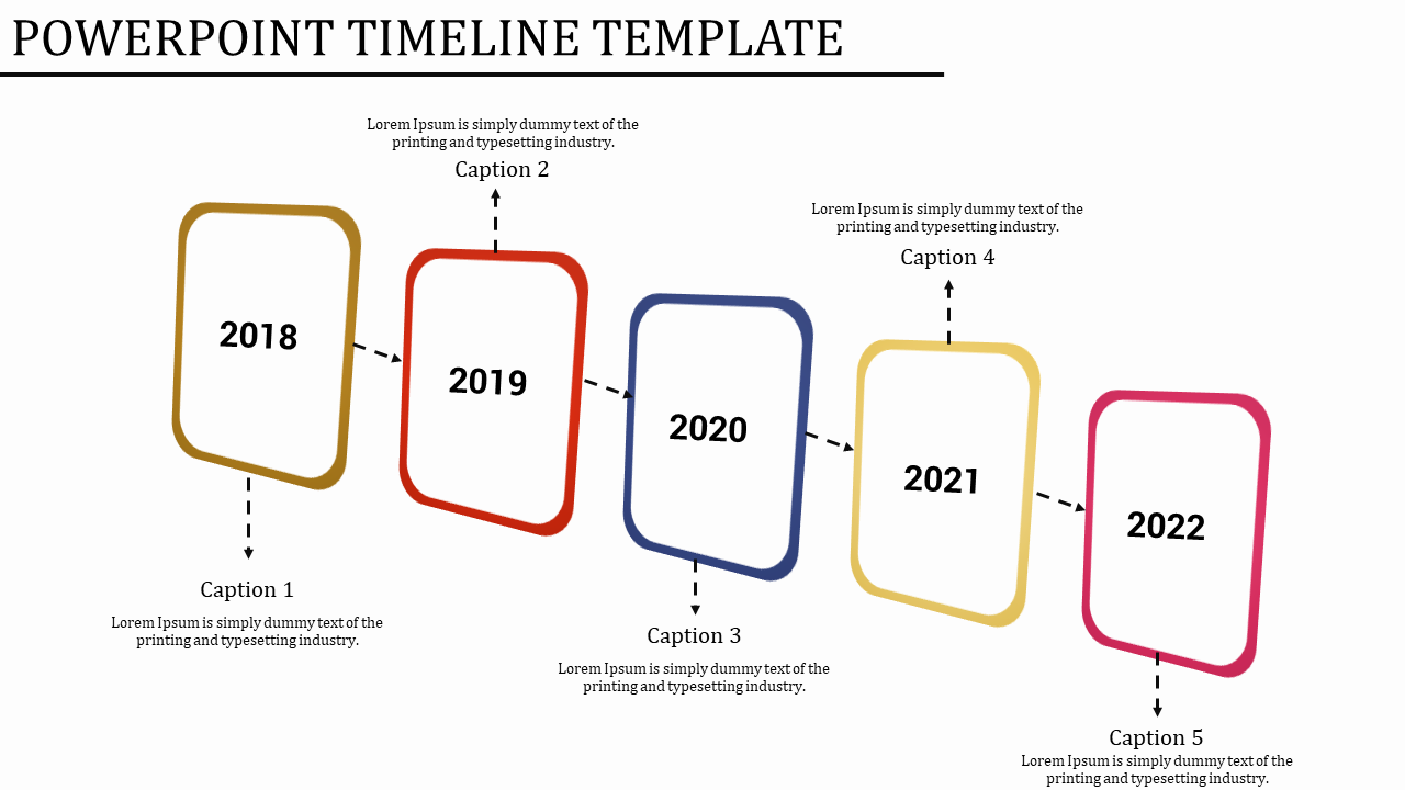 Five rectangular frames arranged in a diagonal timeline, each representing a year from 2018 to 2022 in different colors.