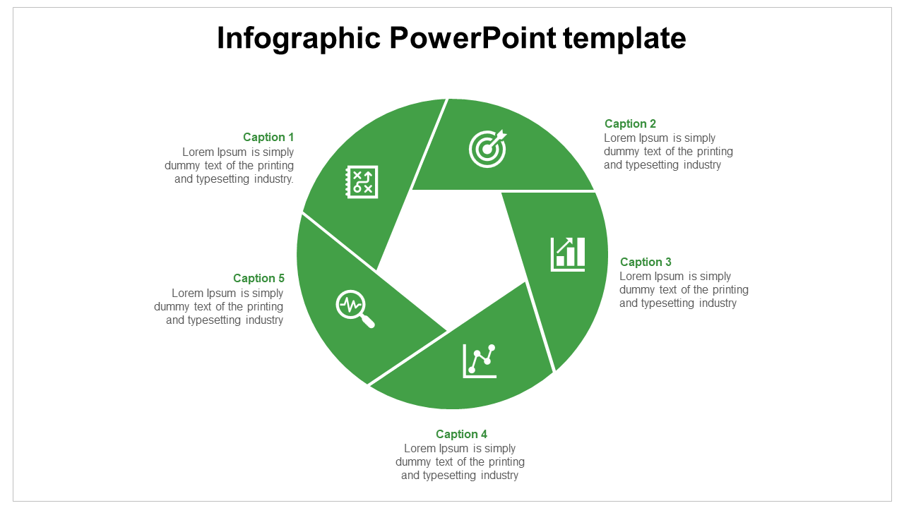 Circular infographic PowerPoint template with green segments, icons, and captions for various content sections.