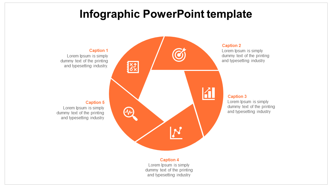 Infographic PPT slide featuring five sections with captions and icons in an orange circular layout on a white backdrop.