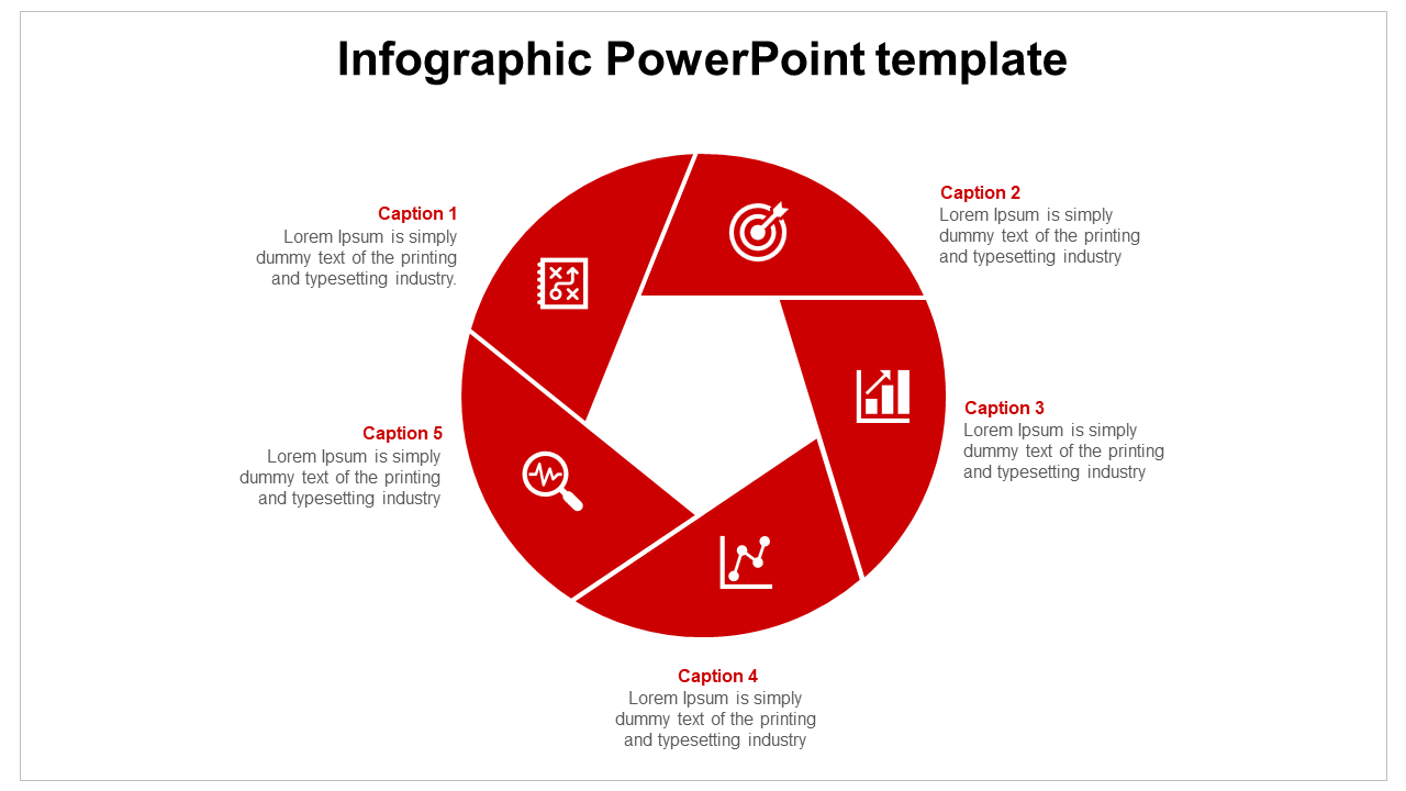 Red circular infographic with five segments, each containing an icon and caption, surrounding a white pentagon.