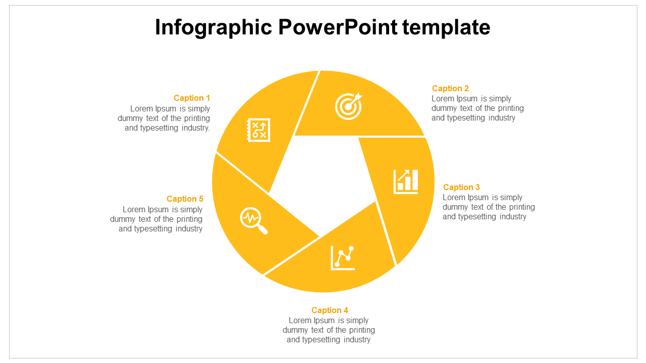 Infographic PPT slide featuring five sections with captions and icons in a yellow circular layout on a white backdrop.