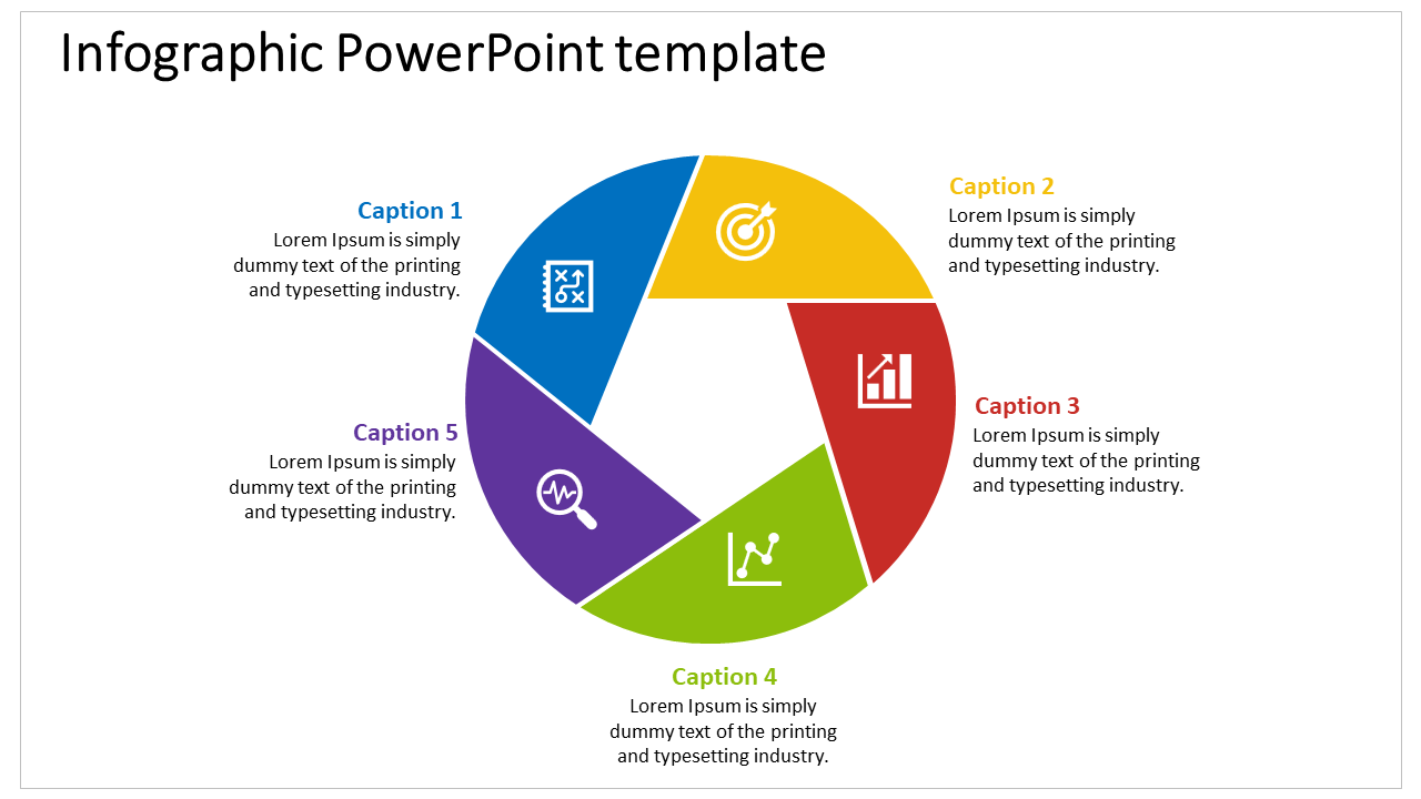 Infographic slide featuring a colorful pie chart with icons and sections for captions and placeholder text.