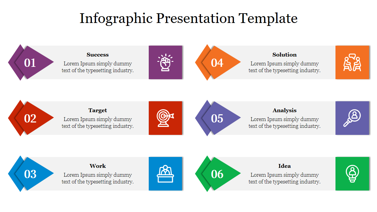 Infographic slide with six colorful diamond shaped icons and text blocks arranged in two columns, on a white background.